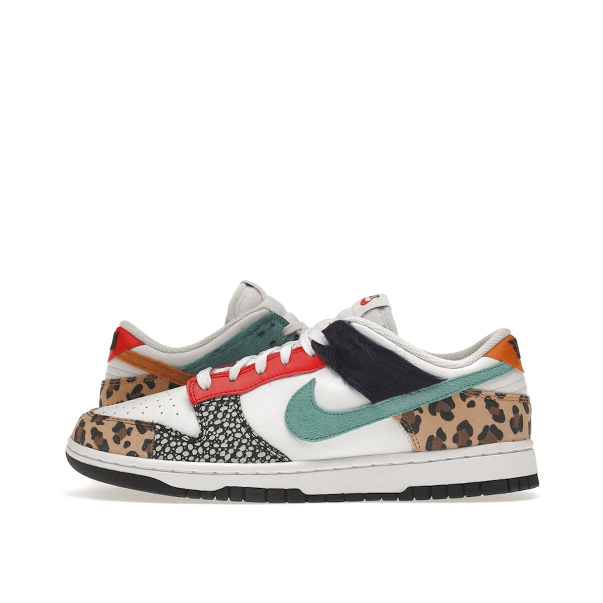 Nike Dunk Low Safari Mix sneakers, side view, model DN3866-100 for women in safari multicolor.