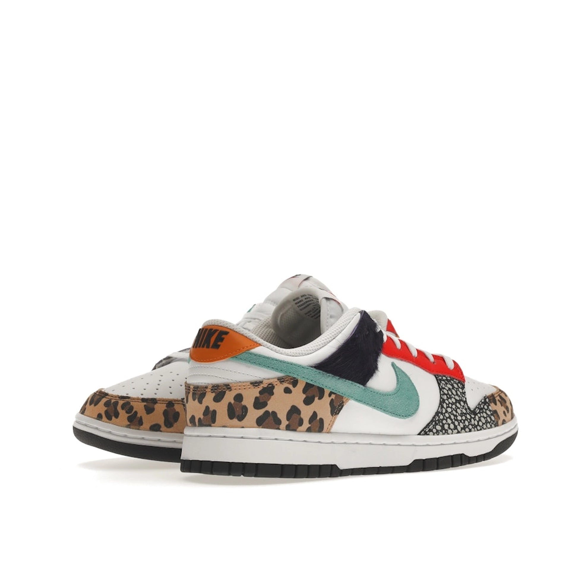 Nike Dunk Low Safari Mix sneakers, back view, model DN3866-100 for women in safari multicolor.