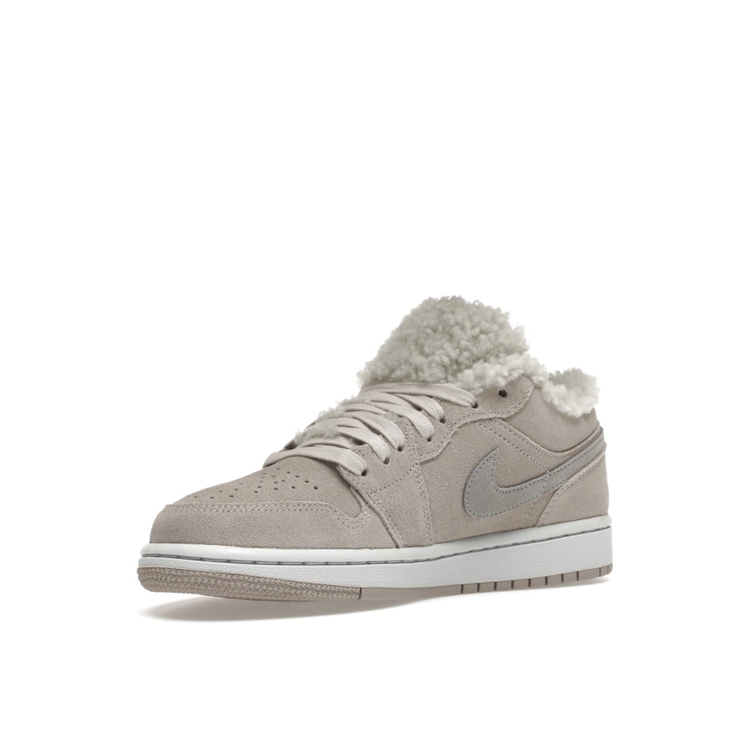 Jordan 1 Low SE Sherpa Fleece sneakers, front view, model DO0750-002, women's, in black with fleece accents.