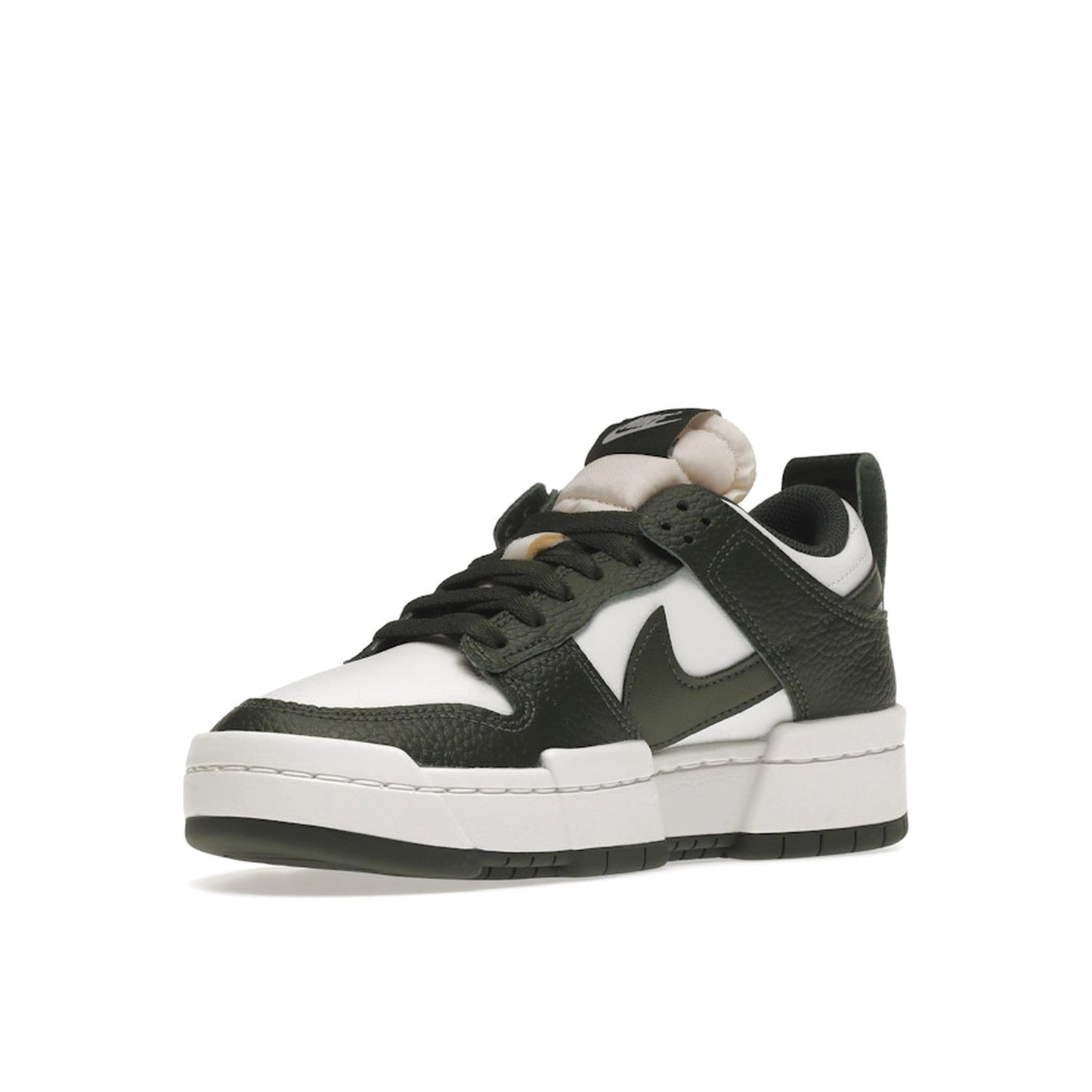 Nike Dunk Low Disrupt, front view, in forest green overlays with clean white leather panels.