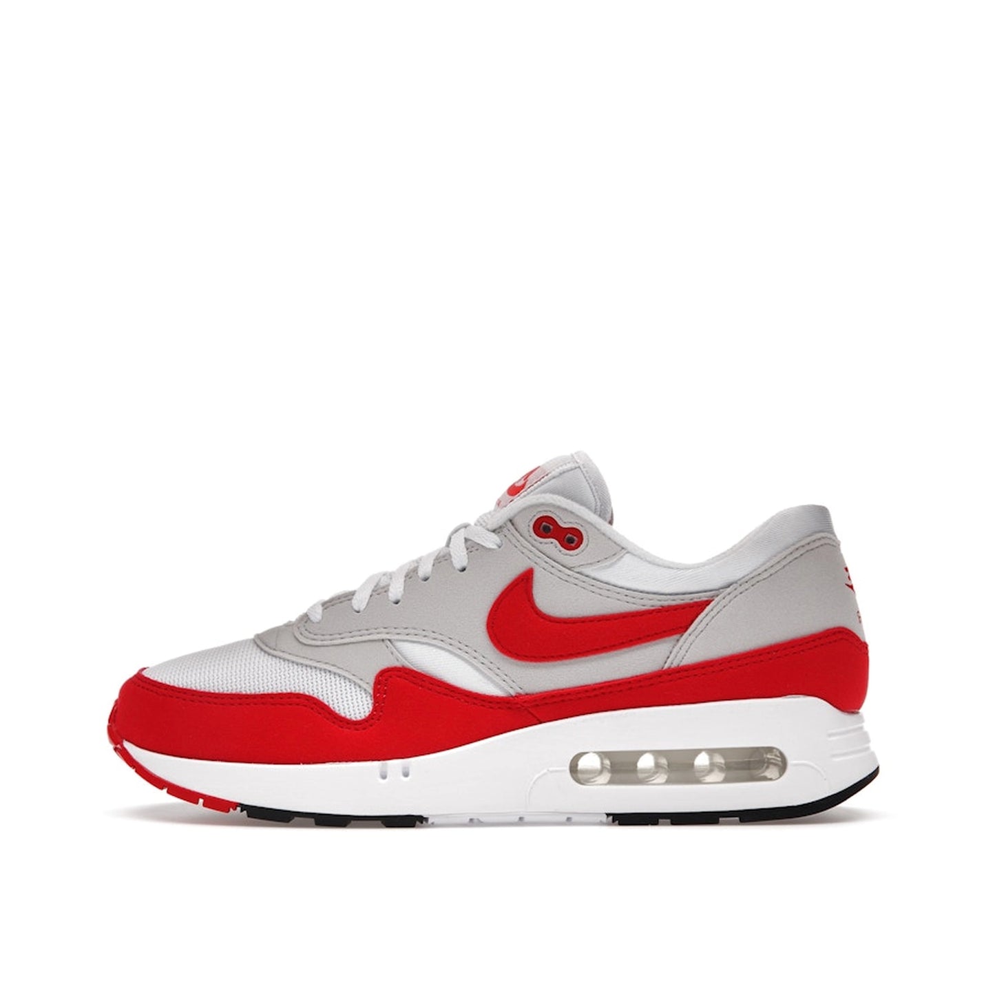 Nike Air Max 1 86 OG Big Bubble Sport Red sneakers, side view, model DQ3989-100 in white and sport red.