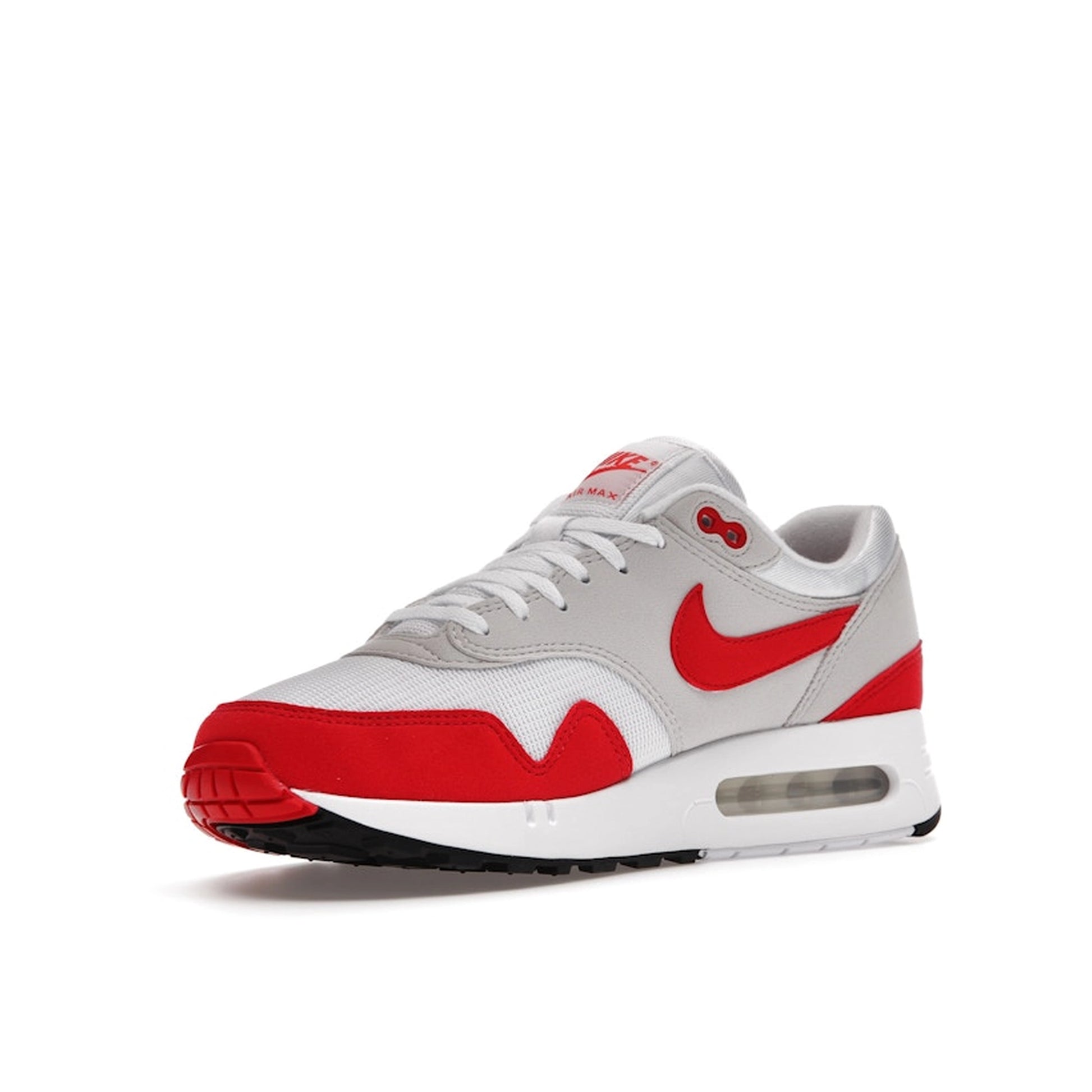 Nike Air Max 1 86 OG Big Bubble Sport Red sneakers, front view, model DQ3989-100 in white and sport red.