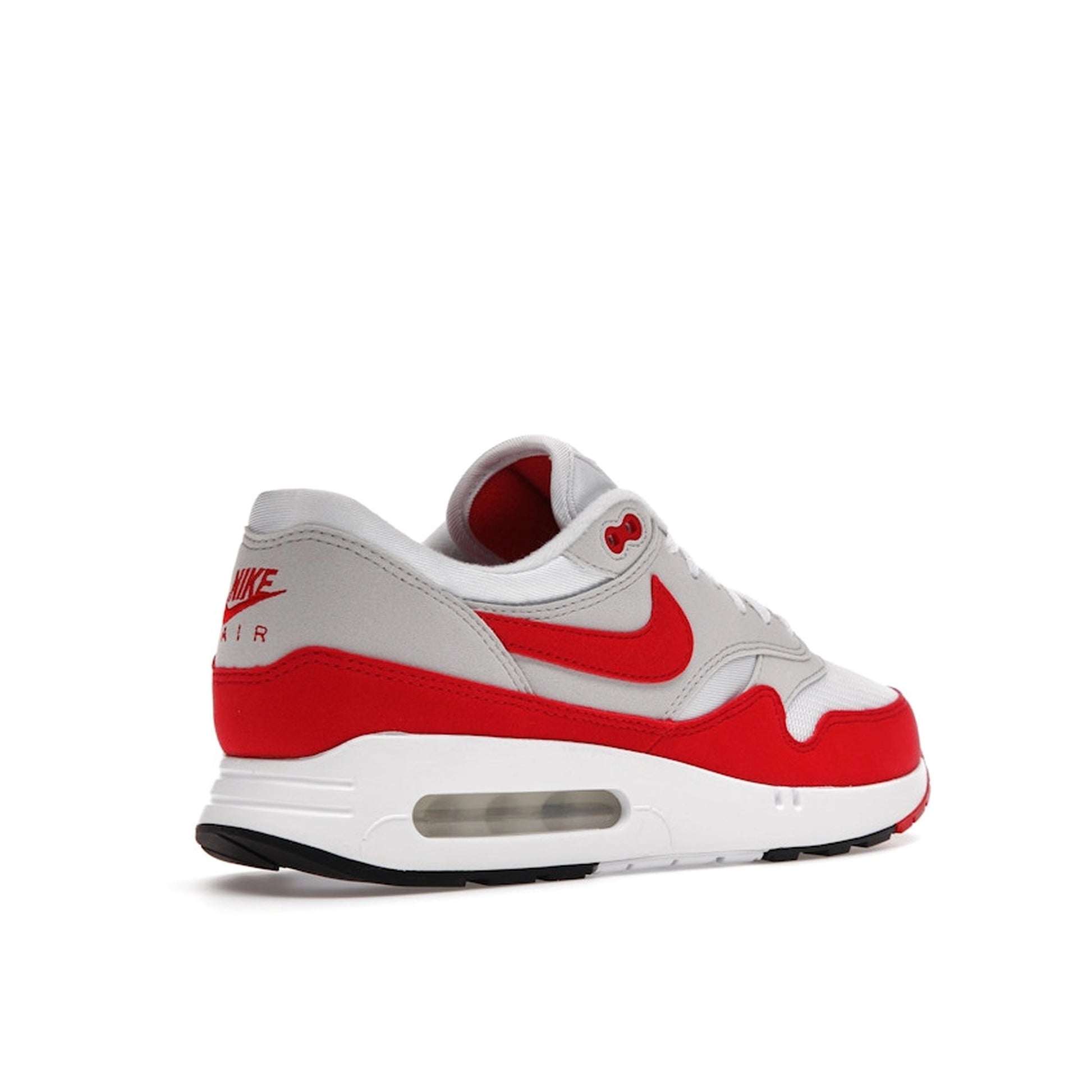 Nike Air Max 1 86 OG Big Bubble Sport Red sneakers, back view, model DQ3989-100 in white and sport red.