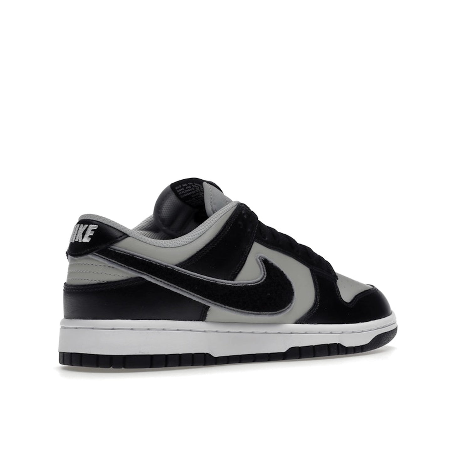 Nike Dunk Low Chenille Swoosh sneakers, back view, model DQ7683-001 in black and grey.