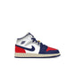Jordan 1 Mid Rare Air kids shoe in white, university red, neutral grey and deep royal blue