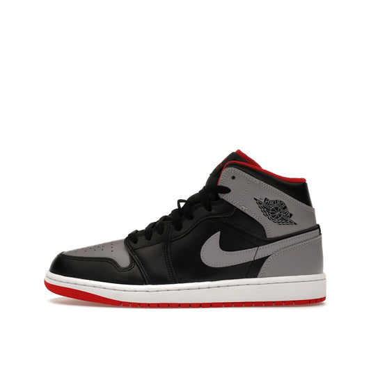 Jordan 1 Mid Bred Shadow sneakers, side view, model DQ8426-006, in black and red.