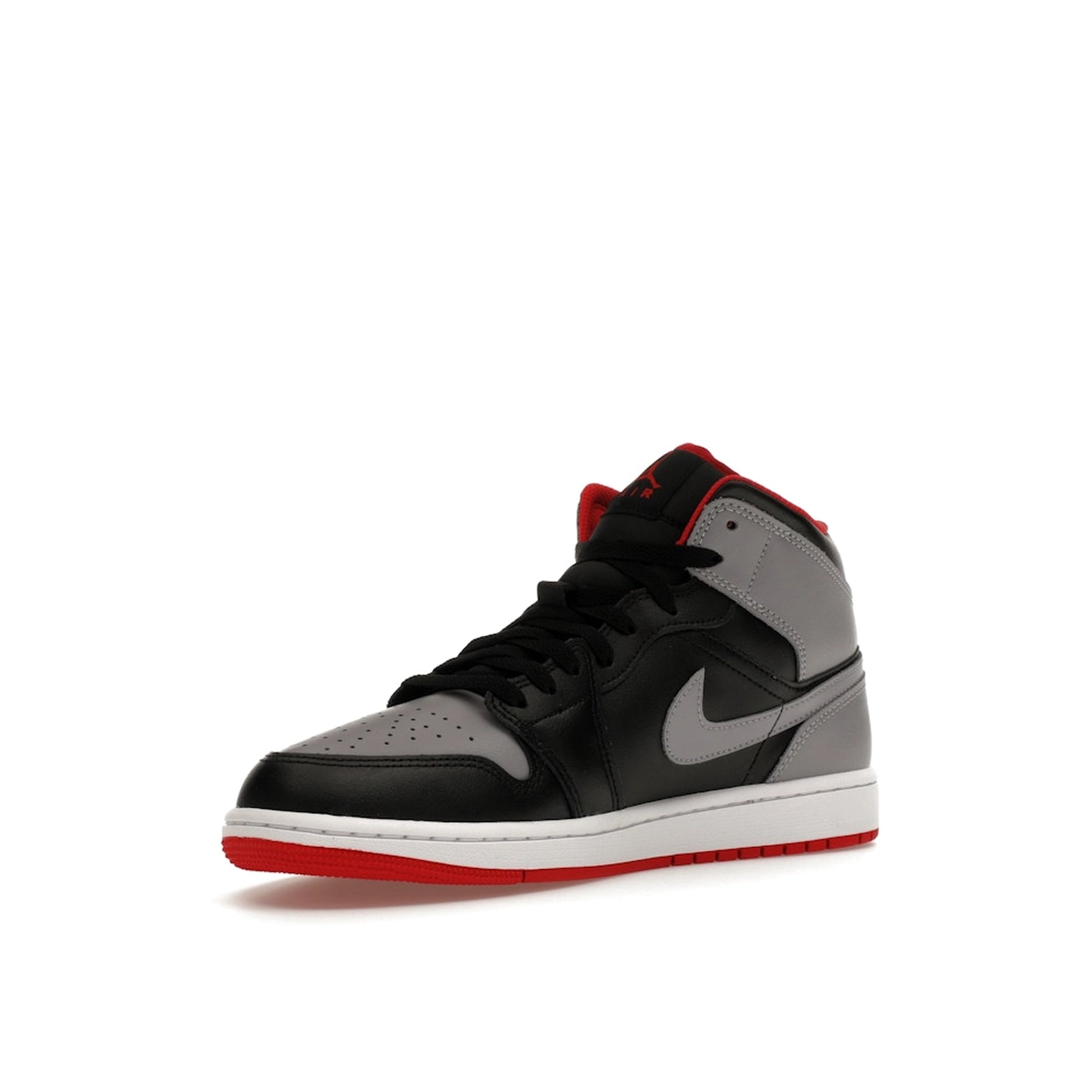 Jordan 1 Mid Bred Shadow sneakers, front view, model DQ8426-006, in black and red.