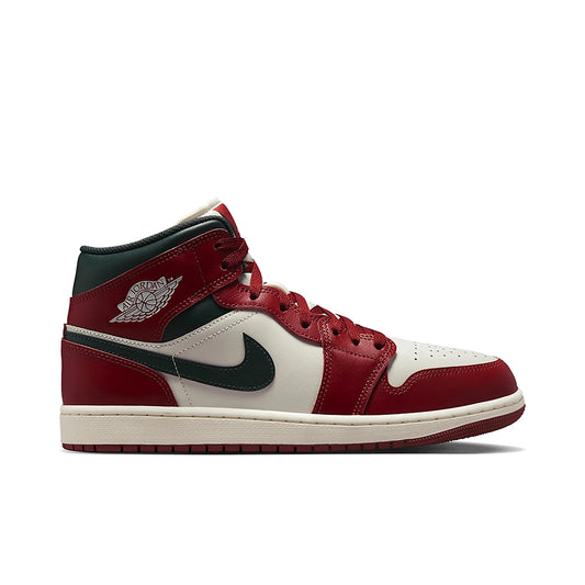 Jordan 1 Mid in Sail, Pure Platinum, Redstone and Midnight Green leather