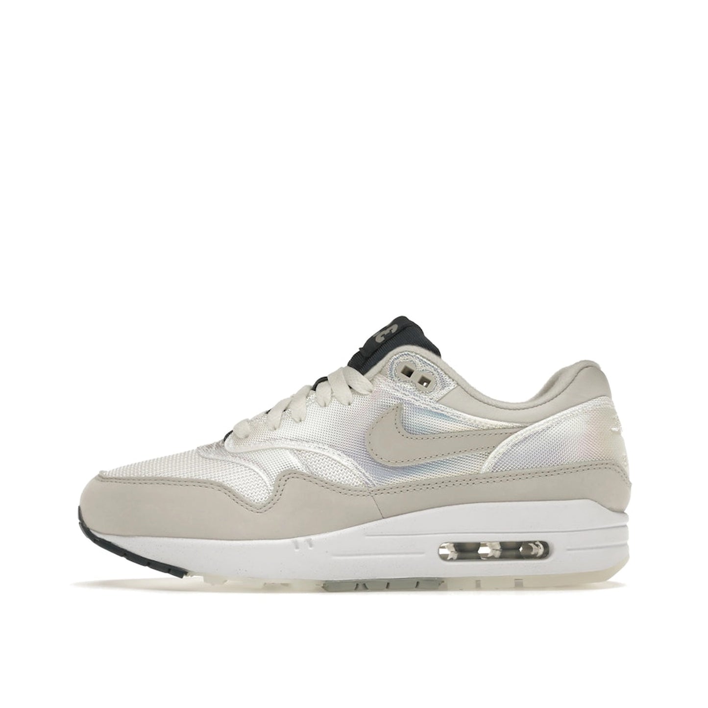 Nike Air Max 1 AMD La Ville Lumière Women's sneakers, side view, model DQ9326-100 in white with light accents.