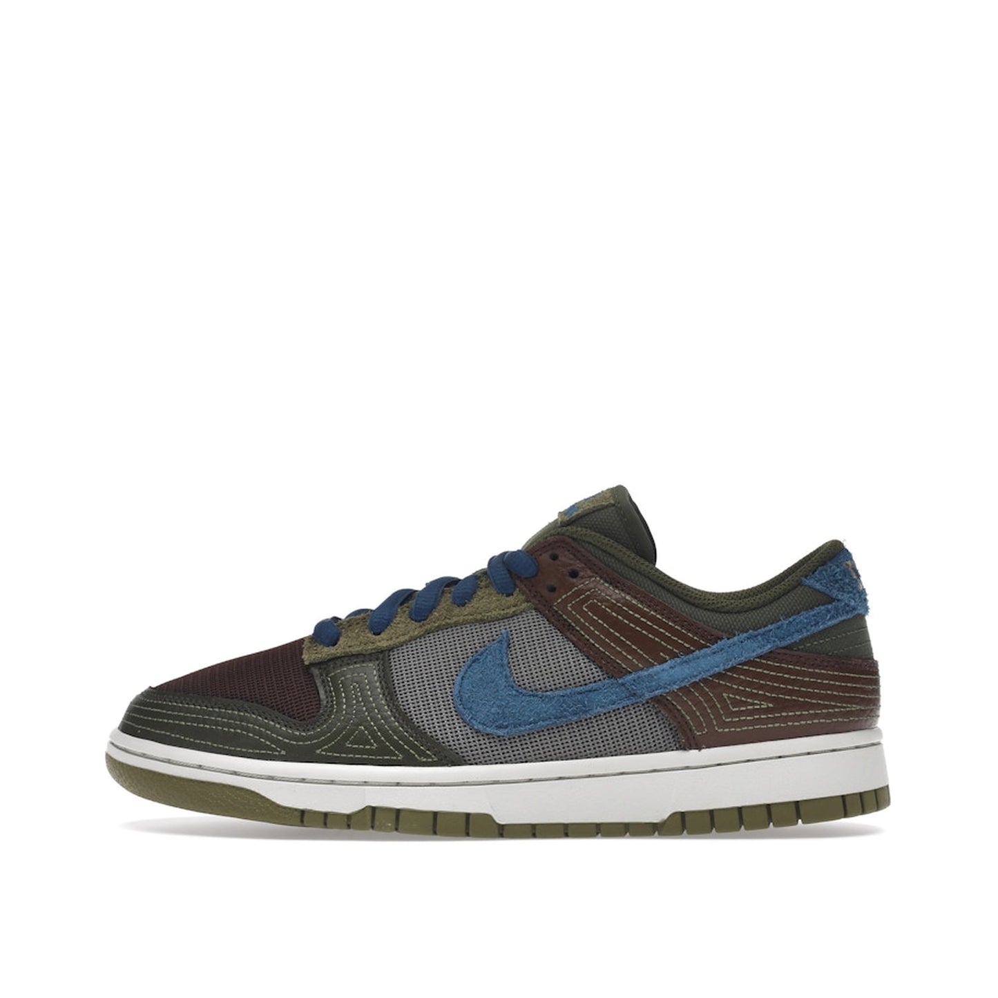 Nike Dunk Low NH Cacao Wow sneakers, side view, model DR0159-200, in cacao brown with green and blue accents.