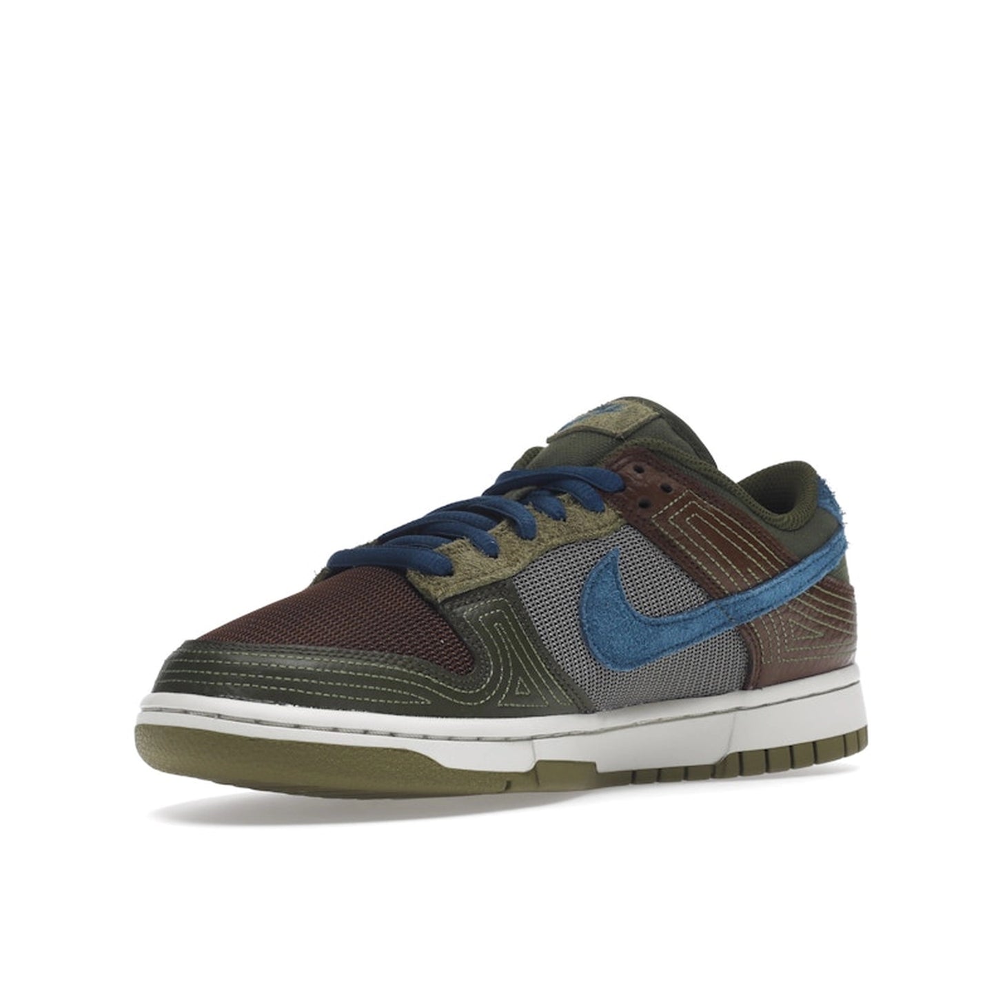 Nike Dunk Low NH Cacao Wow sneakers, front view, model DR0159-200, in cacao brown with green and blue accents.