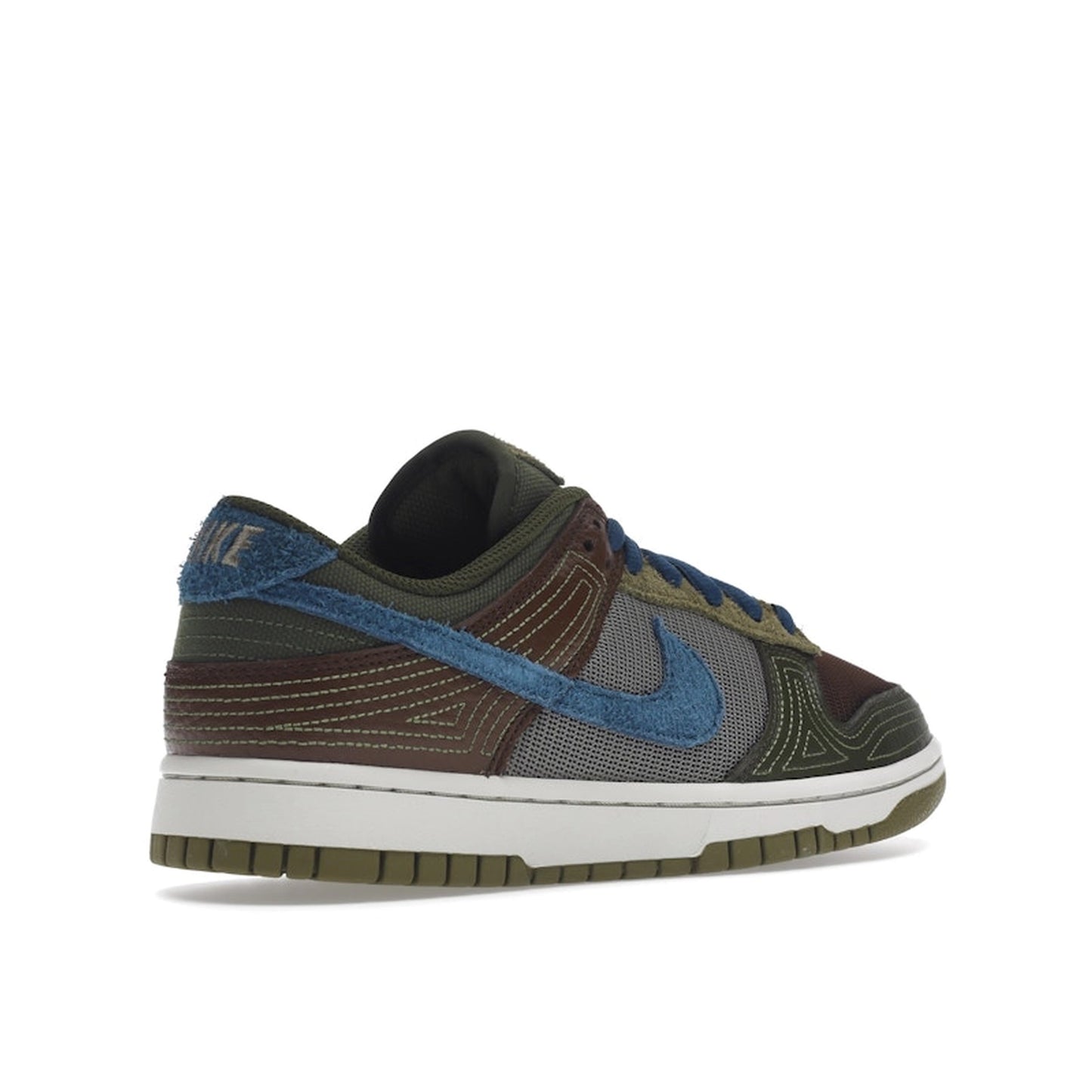 Nike Dunk Low NH Cacao Wow sneakers, back view, model DR0159-200, in cacao brown with green and blue accents.