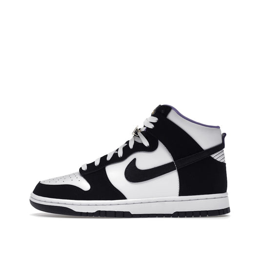 Nike Dunk High SE World Champs sneakers, side view, model DR9512-001 in black and white.