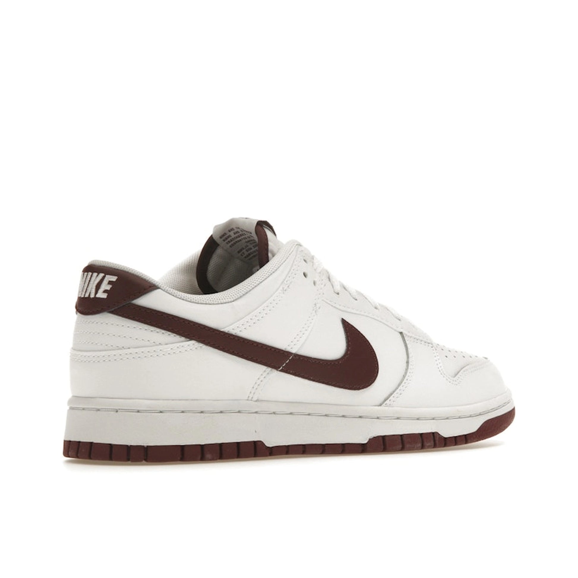 Nike Dunk Low Retro sneakers, back view, in white with night maroon overlays.