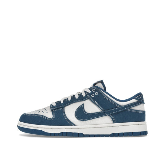 Nike Dunk Low Industrial Blue Sashiko sneakers, side view, model DV0834-101, in white with industrial blue and sashiko embroidery.