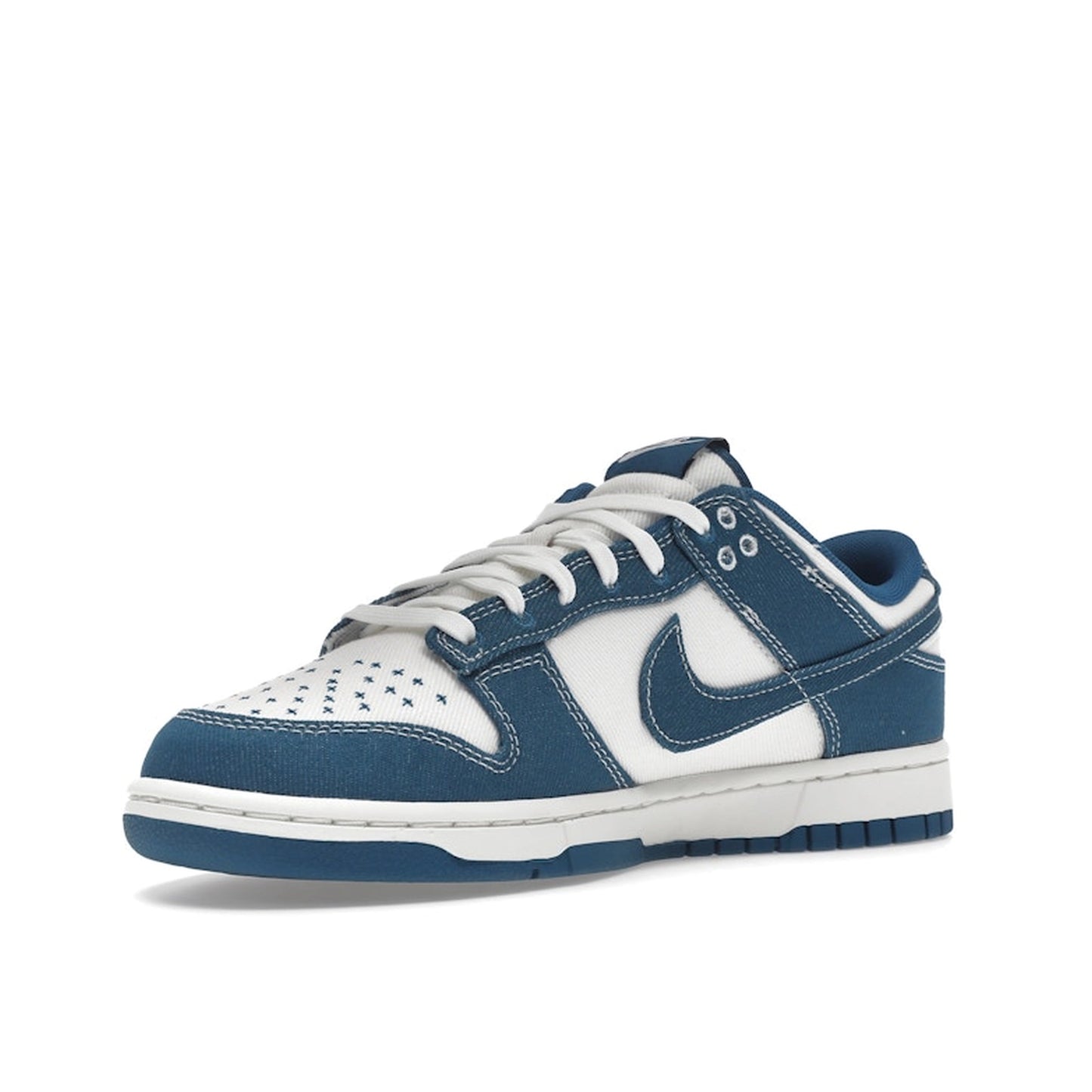 Nike Dunk Low Industrial Blue Sashiko sneakers, front view, model DV0834-101, in white with industrial blue and sashiko embroidery.