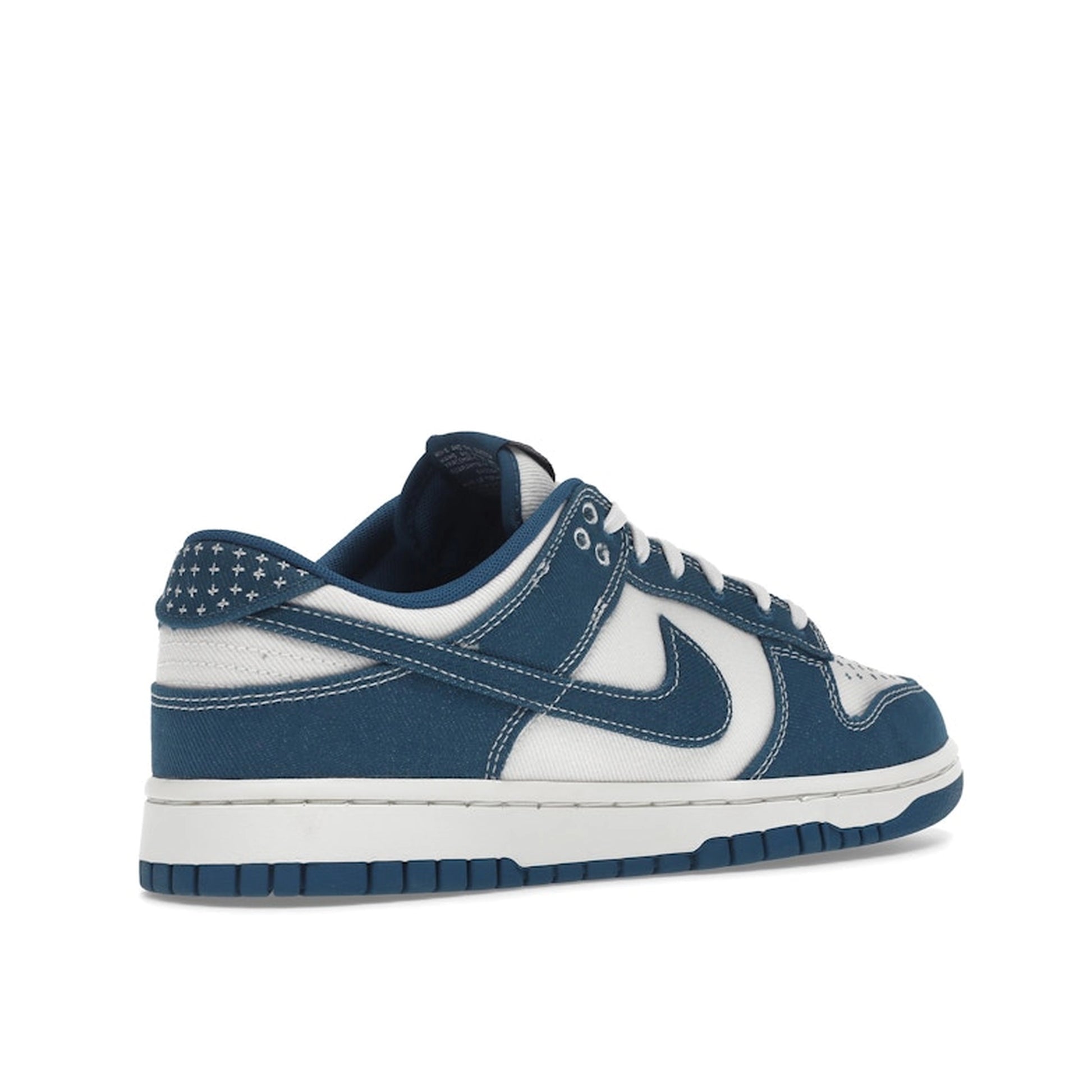 Nike Dunk Low Industrial Blue Sashiko sneakers, back view, model DV0834-101, in white with industrial blue and sashiko embroidery.