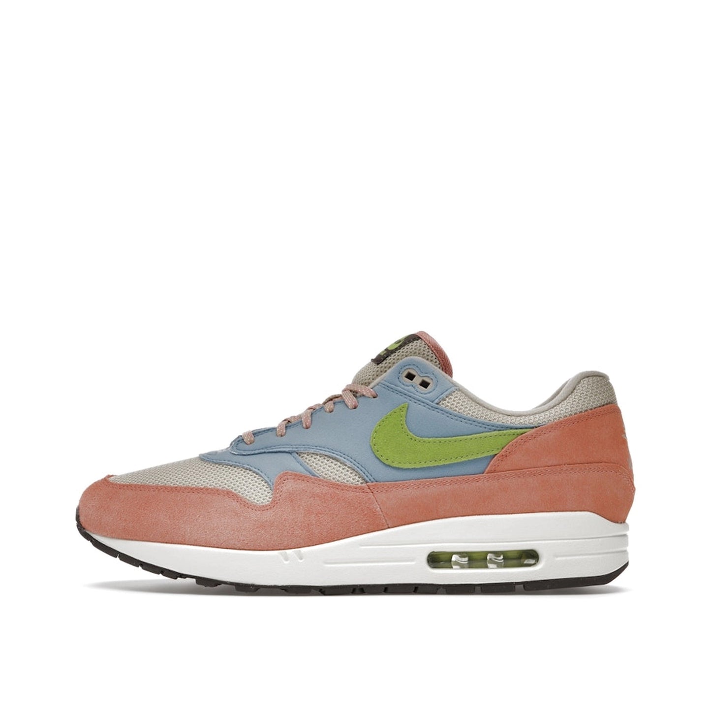 Nike Air Max 1 Light Madder Root Worn Blue sneakers, sole view, model DV3196-800, light madder root with worn blue accents.