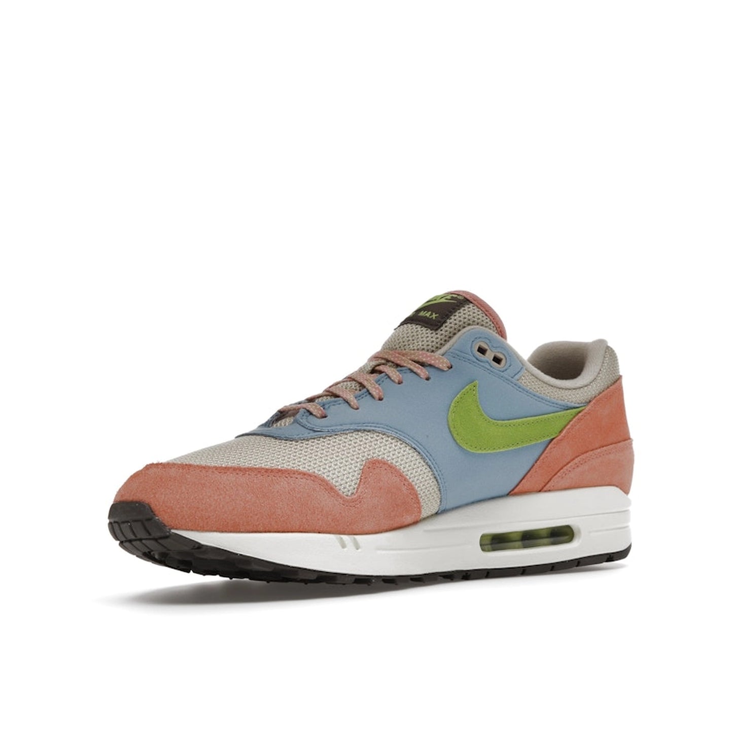 Nike Air Max 1 Light Madder Root Worn Blue sneakers, sole view, model DV3196-800, light madder root with worn blue accents.