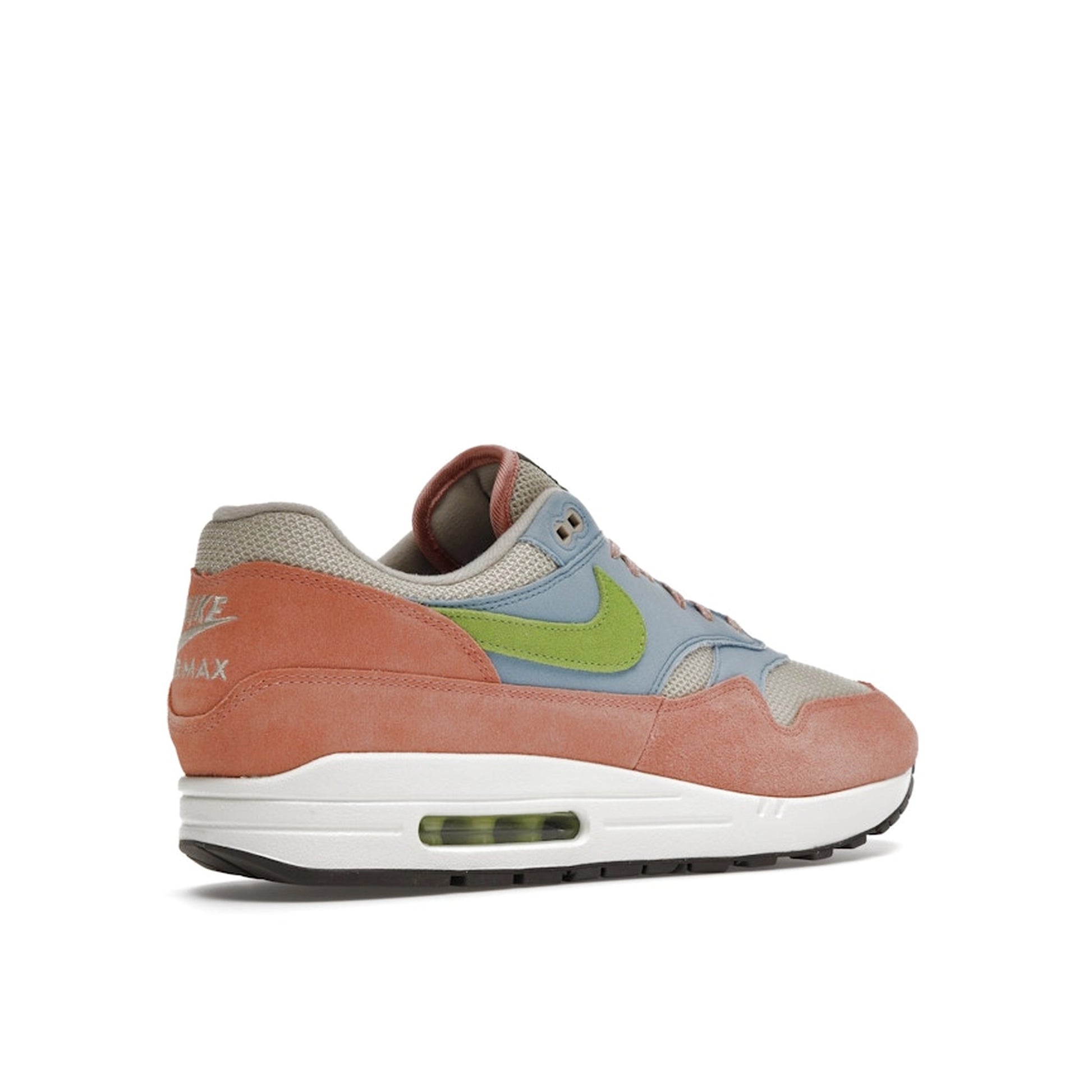 Nike Air Max 1 Light Madder Root Worn Blue sneakers, sole view, model DV3196-800, light madder root with worn blue accents.