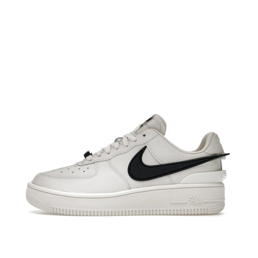 Nike Air Force 1 Low SP AMBUSH sneakers, side view, model DV3464-002, in Phantom white with black 3D swoosh.