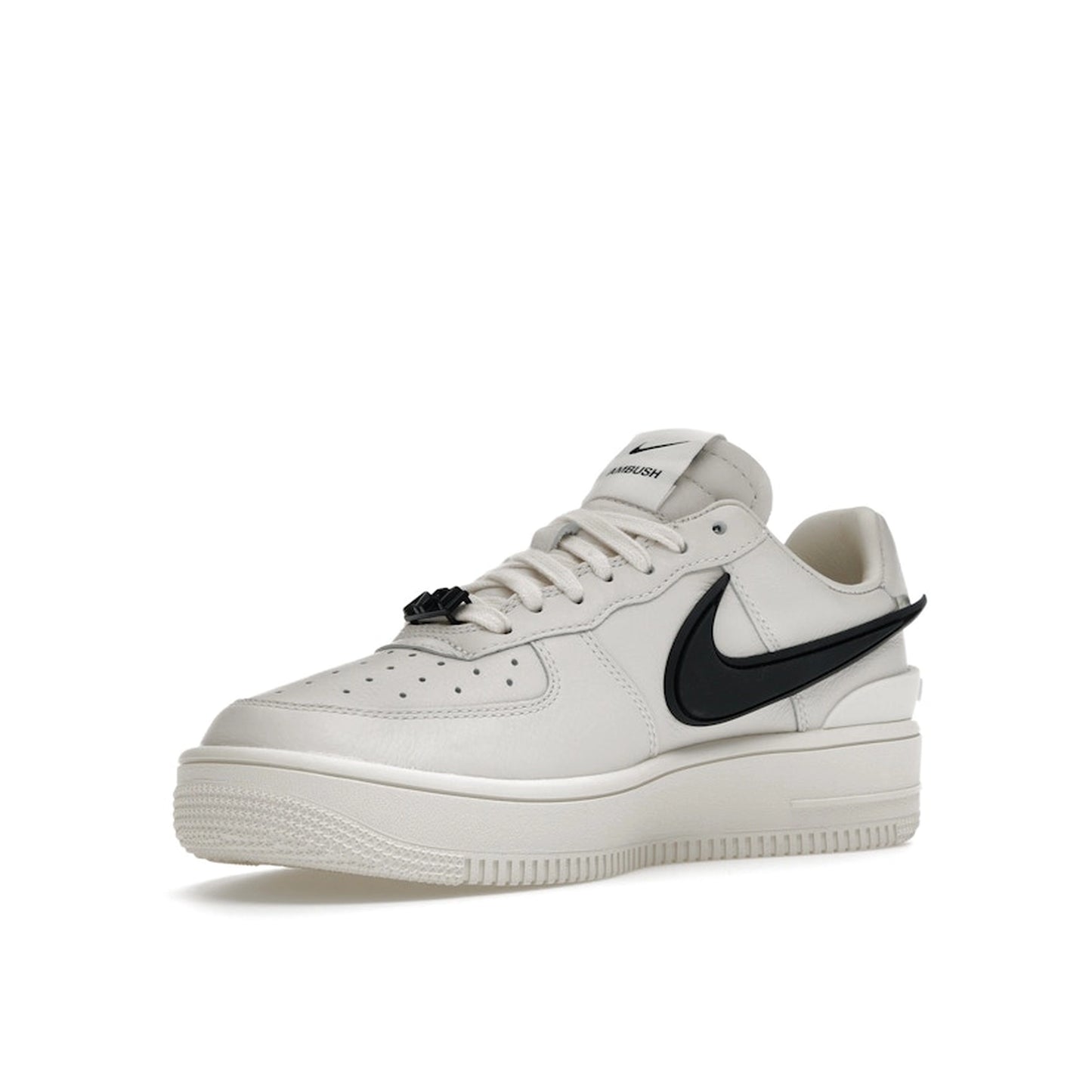 Nike Air Force 1 Low SP AMBUSH sneakers, front view, model DV3464-002, in Phantom white with black 3D swoosh.