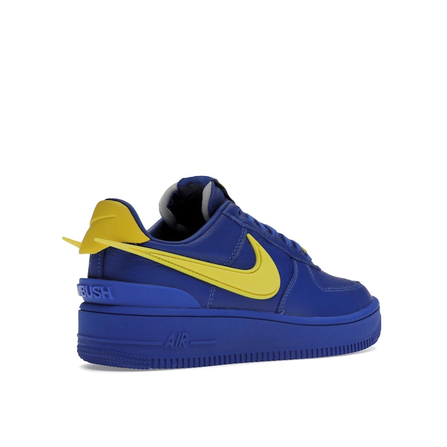 Nike Air Force 1 Low SP Ambush sneakers, back view, model DV3464-400, in game royal with yellow swoosh.