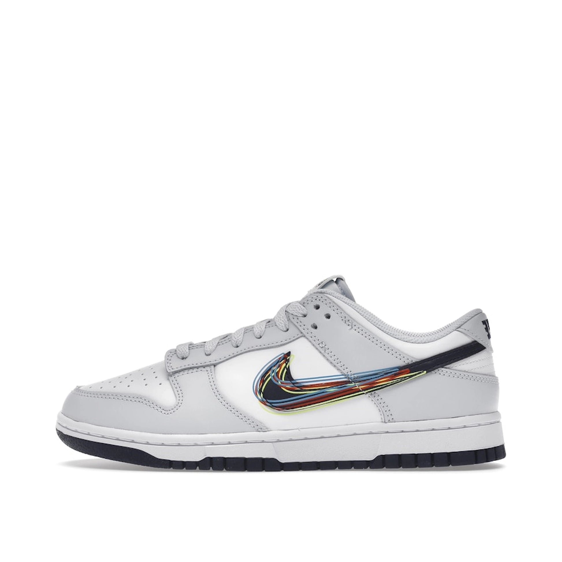 Nike Dunk Low 3D Swoosh sneakers, side view, model DV6482-100, in white and grey with colorful swoosh accents.