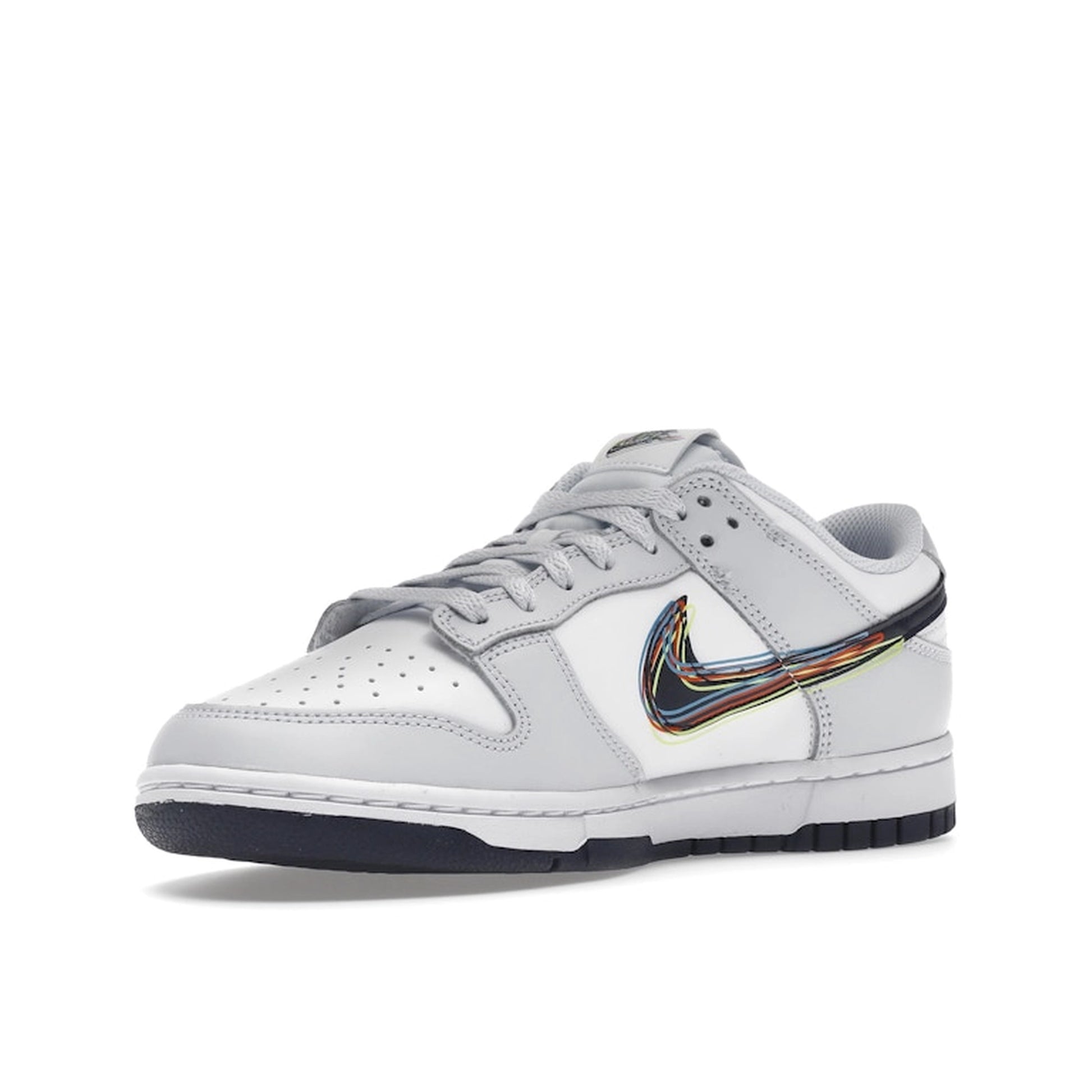 Nike Dunk Low 3D Swoosh sneakers, front view, model DV6482-100, in white and grey with colorful swoosh accents.