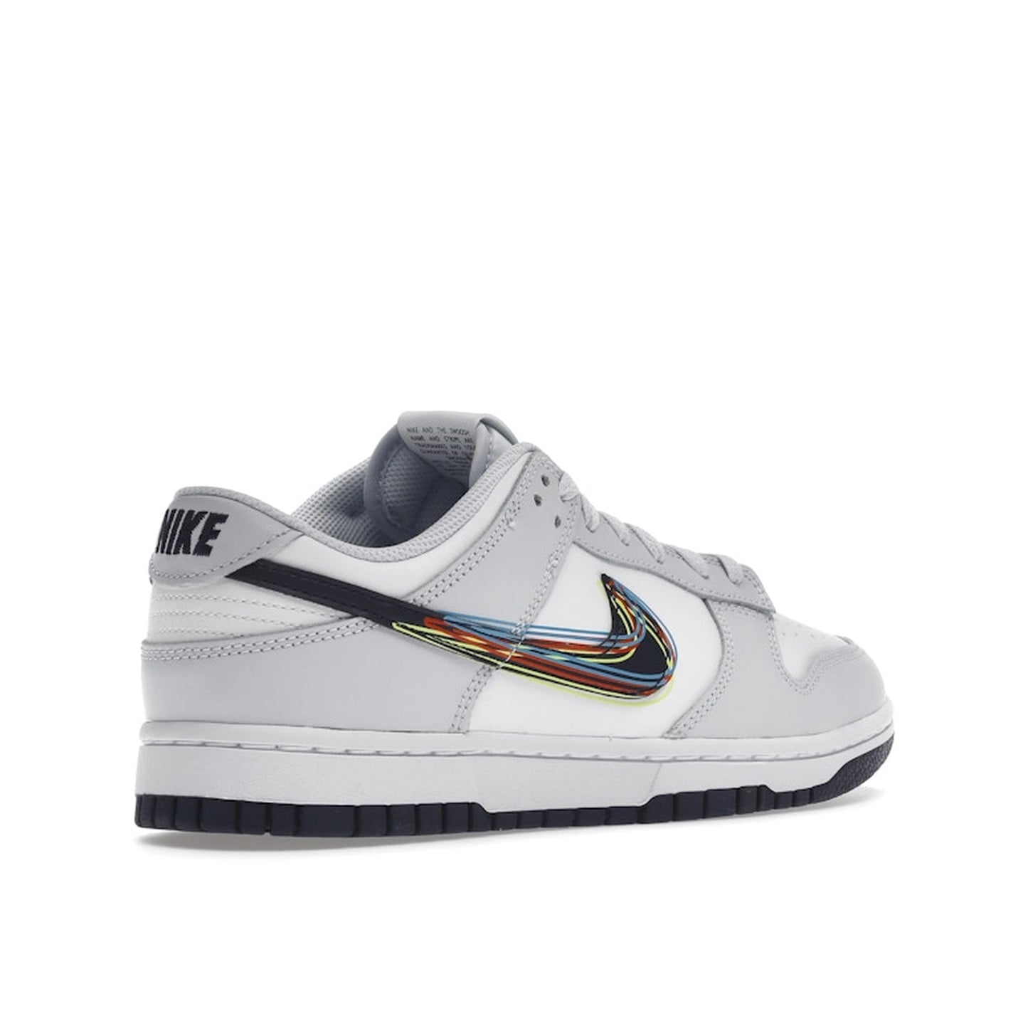 Nike Dunk Low 3D Swoosh sneakers, back view, model DV6482-100, in white and grey with colorful swoosh accents.