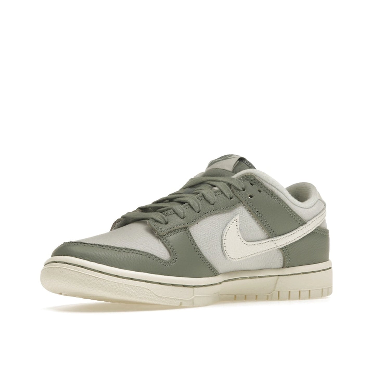 Nike Dunk Low sneakers, front view, model DV7212-300 in mica green with white and grey details.