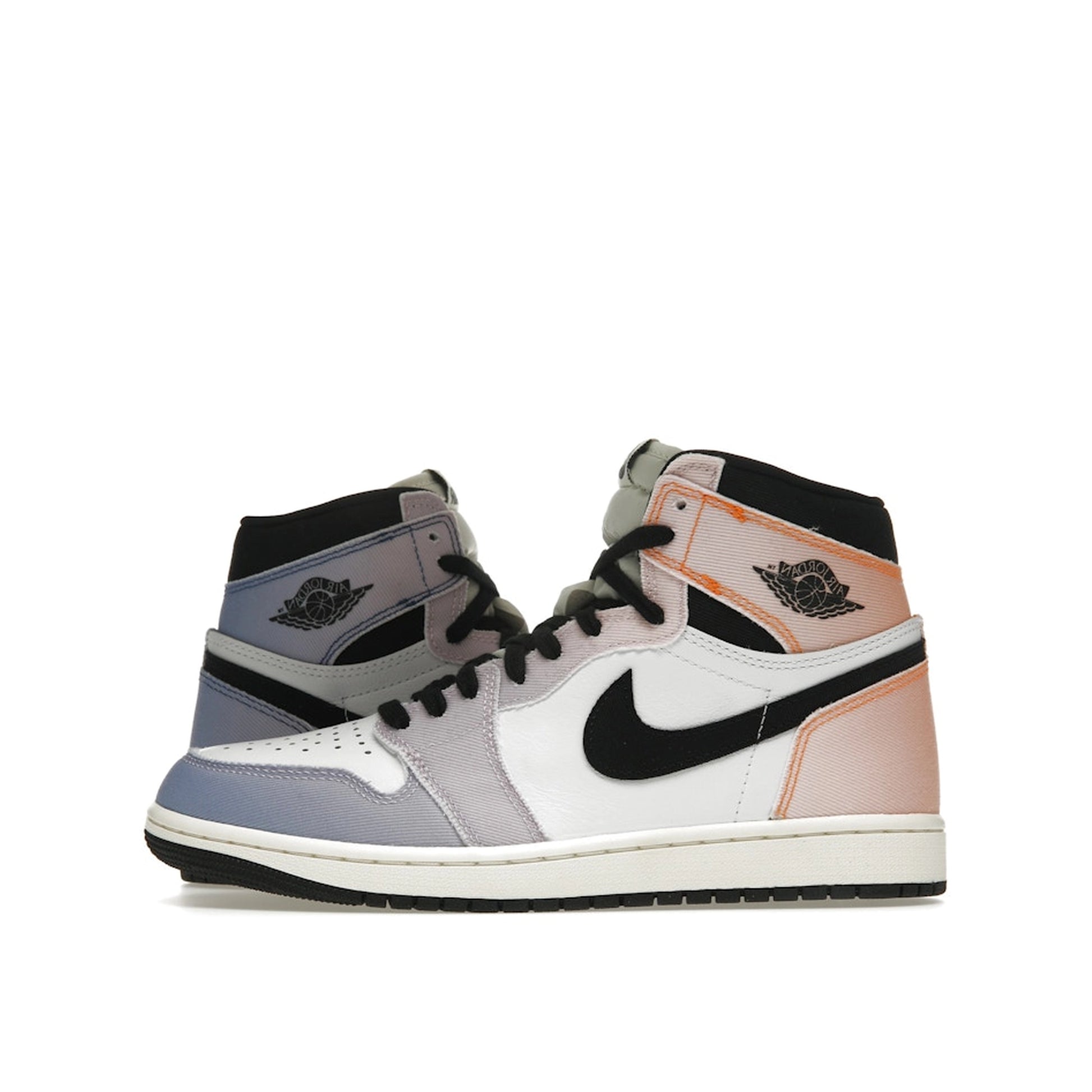 Jordan 1 Retro High OG Skyline sneakers, side view, model DX0054-805, gradient sunset colors.