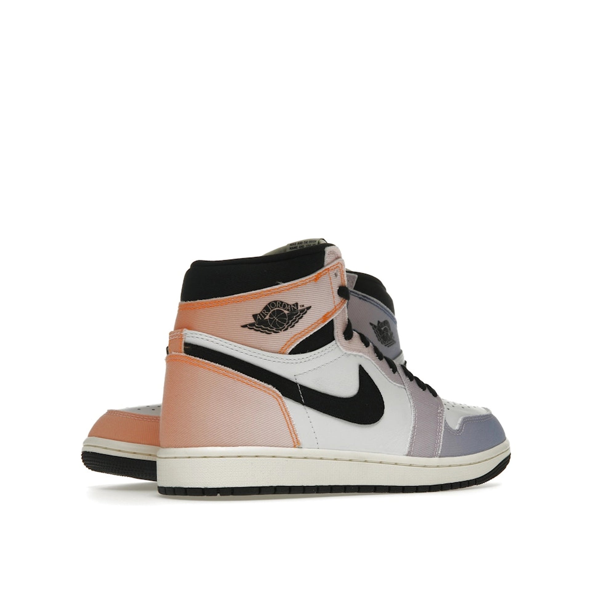 Jordan 1 Retro High OG Skyline sneakers, back view, model DX0054-805, gradient sunset colors.