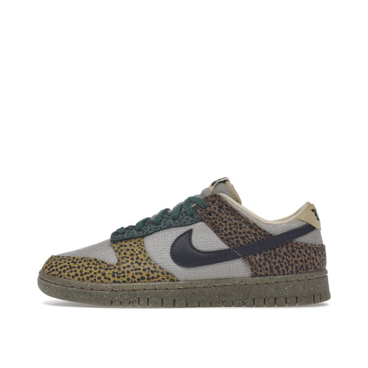 Nike Dunk Low Safari sneakers in Golden Moss, side view, model DX2654-200 in brown and green.