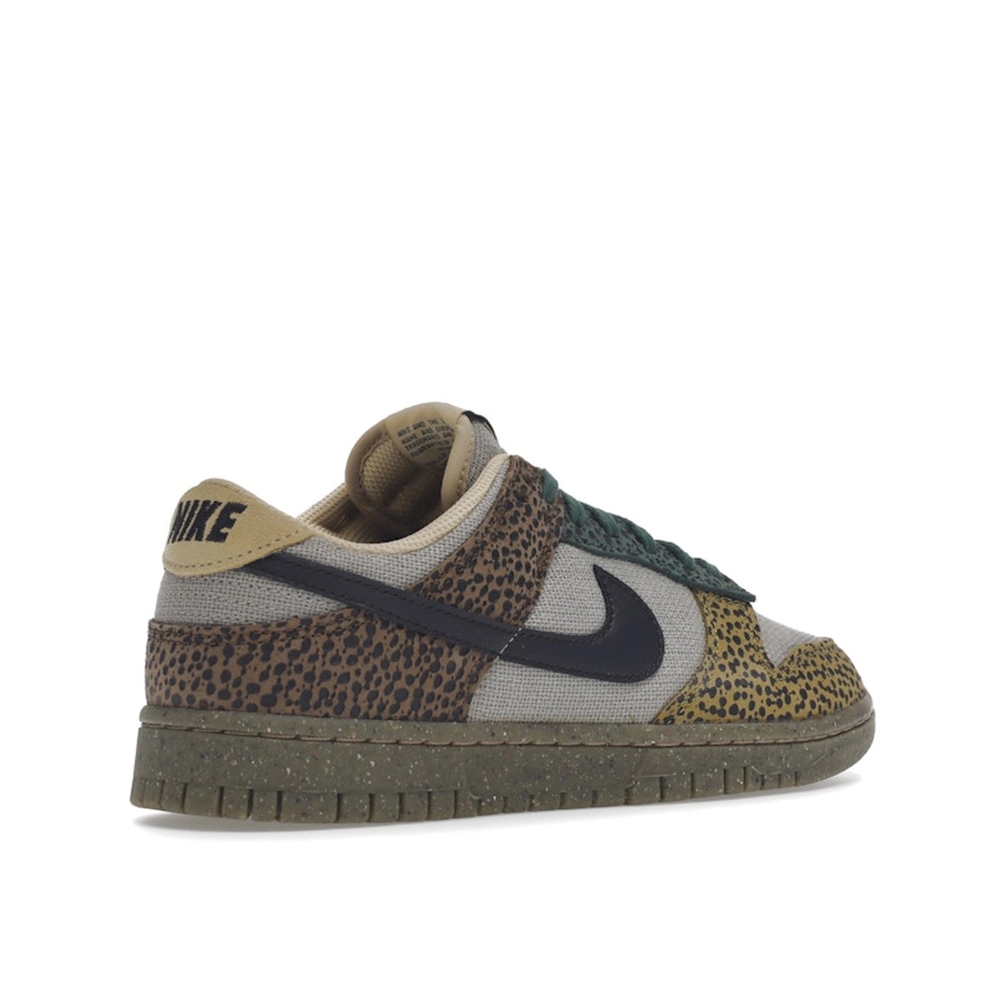 Nike Dunk Low Safari sneakers in Golden Moss, back view, model DX2654-200 in brown and green.