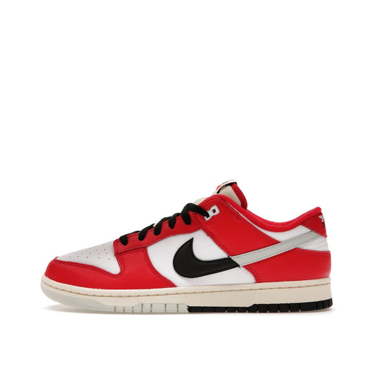 Nike Dunk Low Chicago Split sneakers, side view, model DZ2536-600, in red and white with black accents.