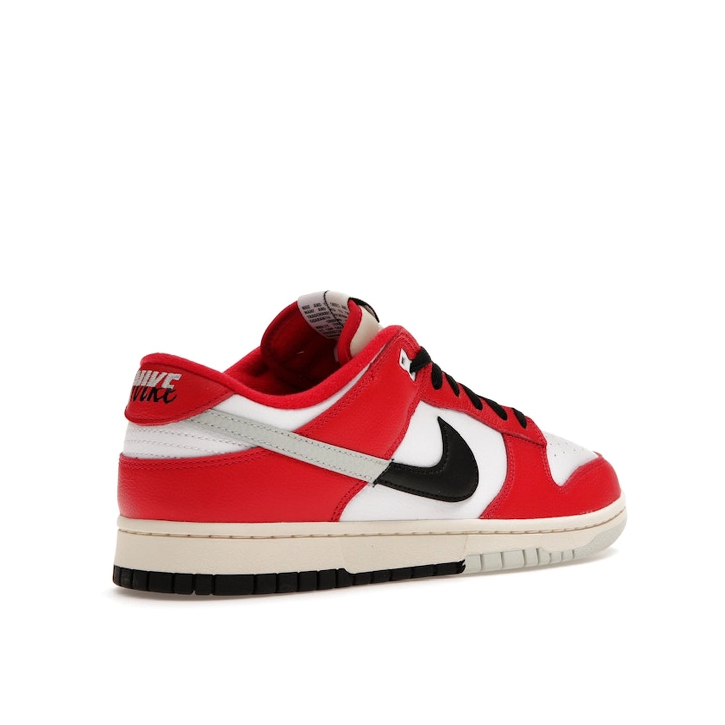 Nike Dunk Low Chicago Split sneakers, back view, model DZ2536-600, in red and white with black accents.