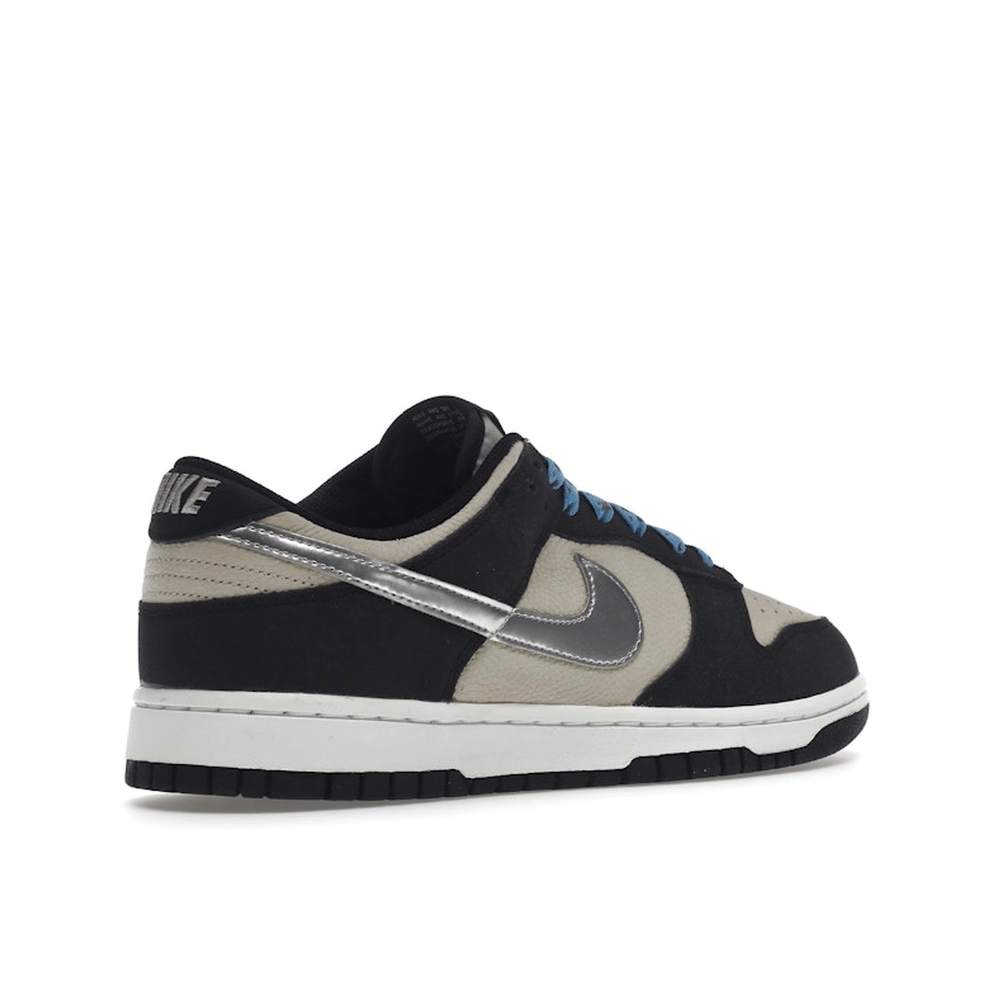 Nike Dunk Low Starry Laces sneakers, back view, model DZ4712-001, women's, black and grey with starry laces.