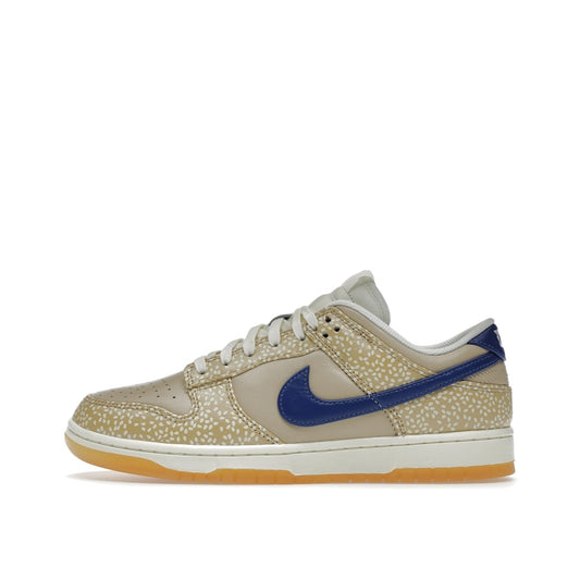 Nike Dunk Low Montreal Bagel sneakers, side view, model DZ4853-200, in sesame with beige and brown accents.