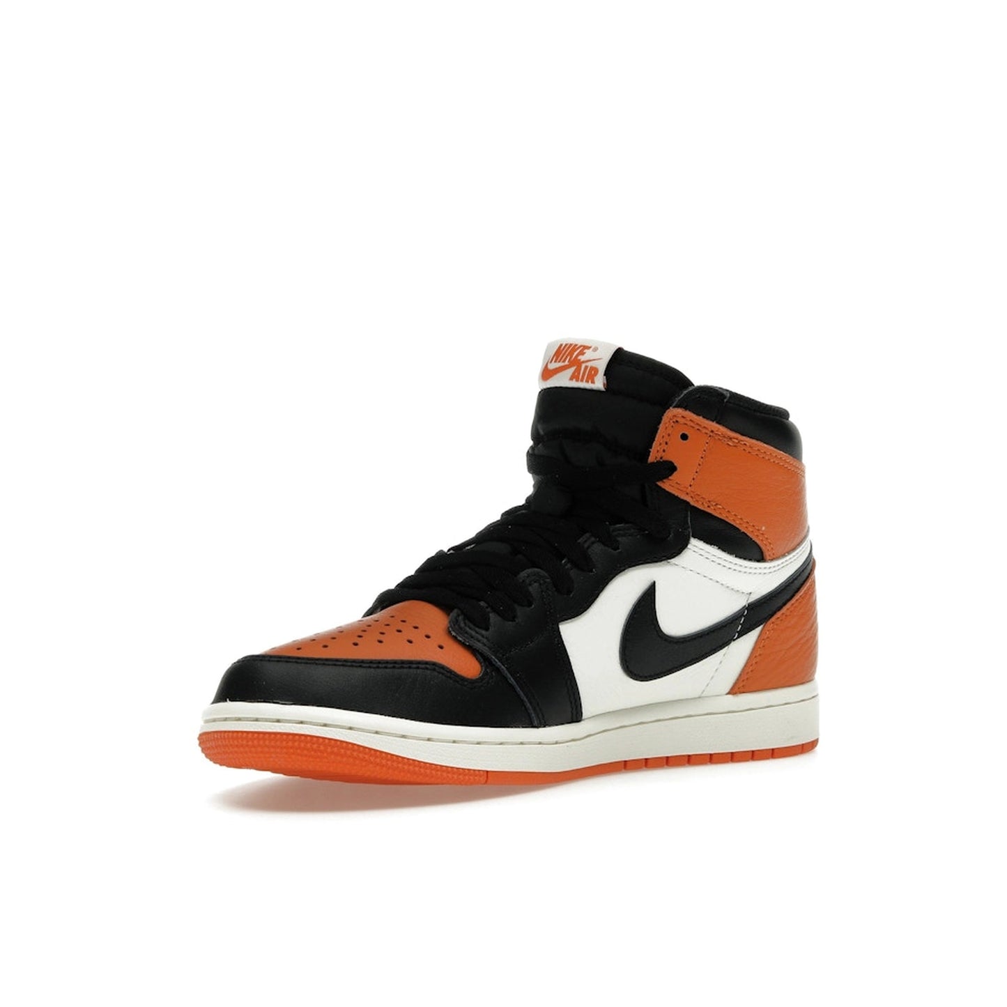 Jordan 1 Retro High OG Shattered Backboard 2025, front view, in black, orange and sail leather.