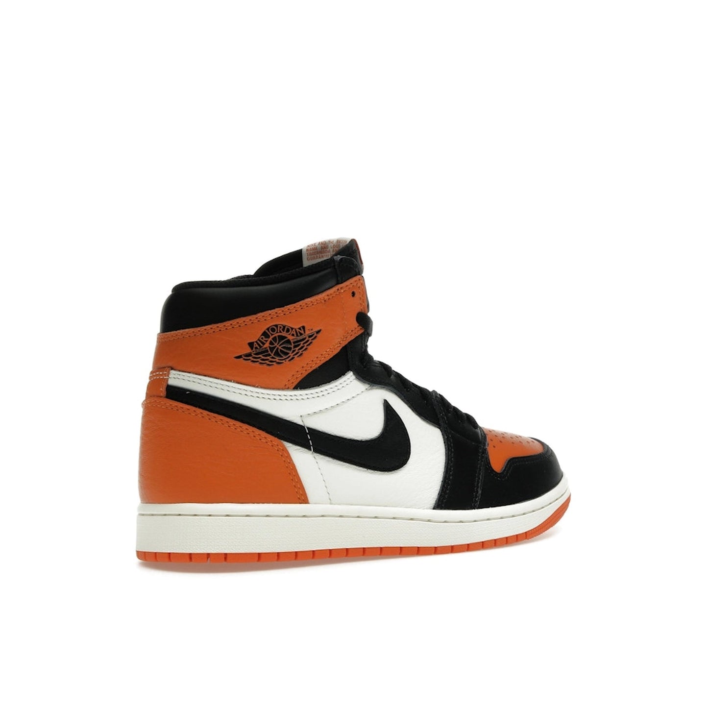 Jordan 1 Retro High OG Shattered Backboard 2025, back view, in black, orange and sail leather.