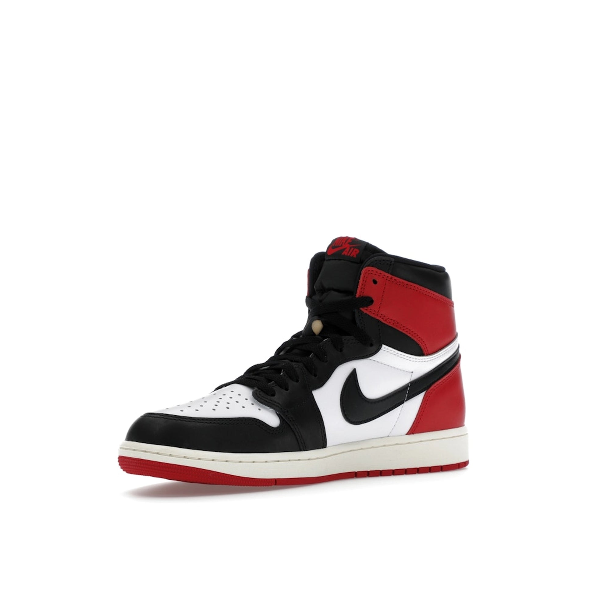 Jordan 1 Retro High OG sneakers, front view, in Black Toe Reimagined colorway.