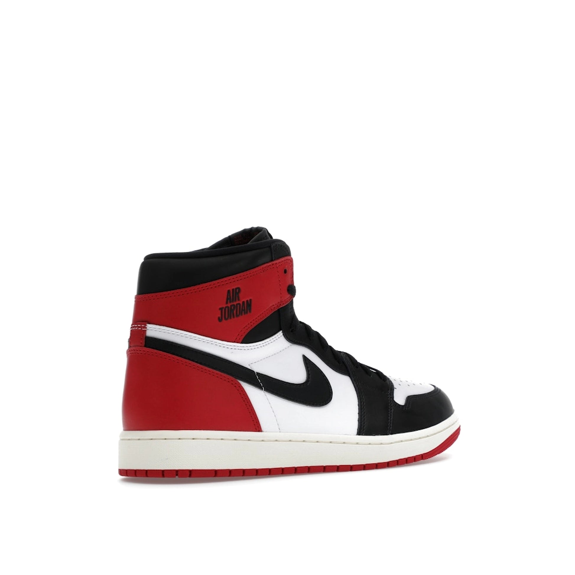 Jordan 1 Retro High OG sneakers, back view, in Black Toe Reimagined colorway.