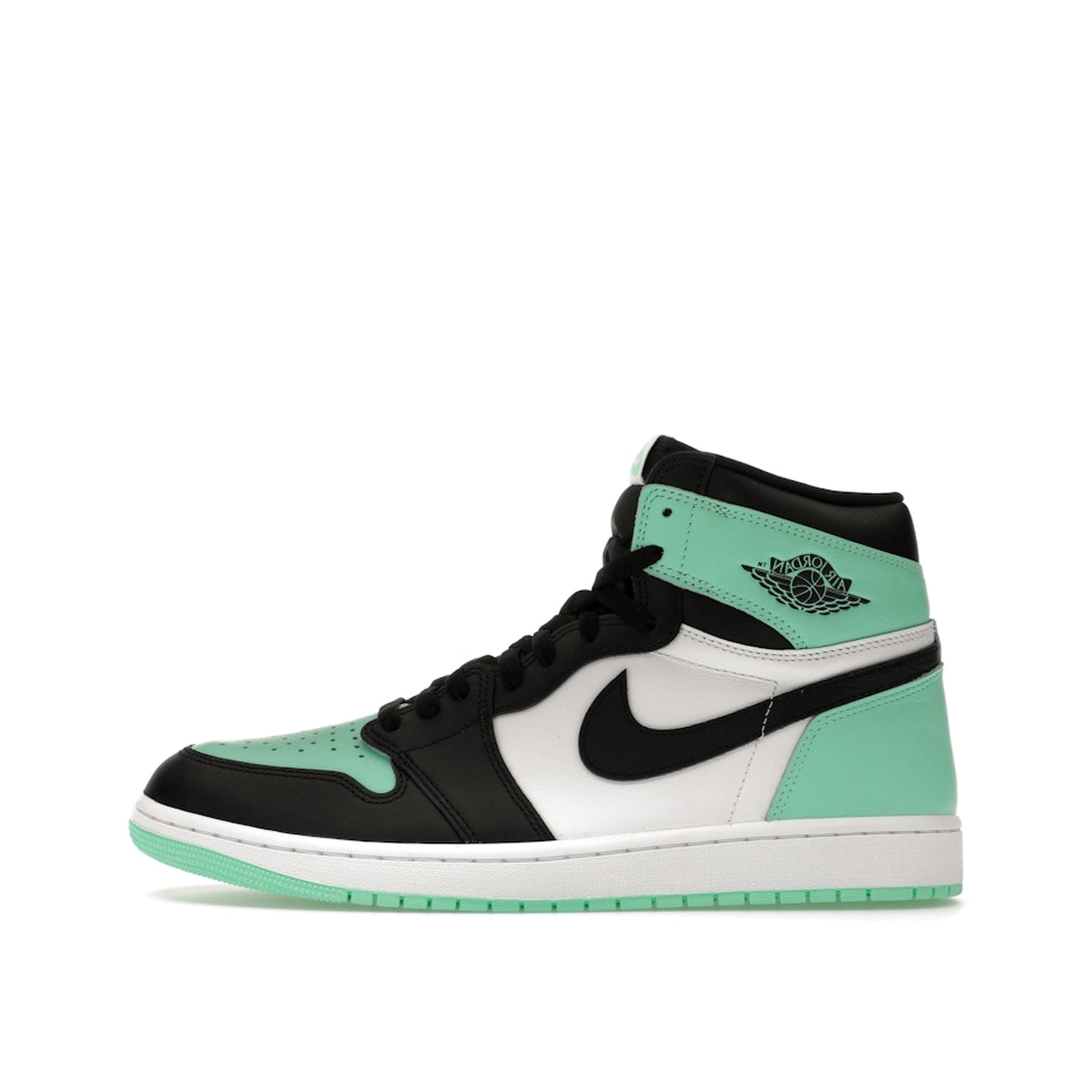 Jordan 1 Retro High OG Green Glow sneakers, side view, model DZ5485-130, in white with green glow accents.