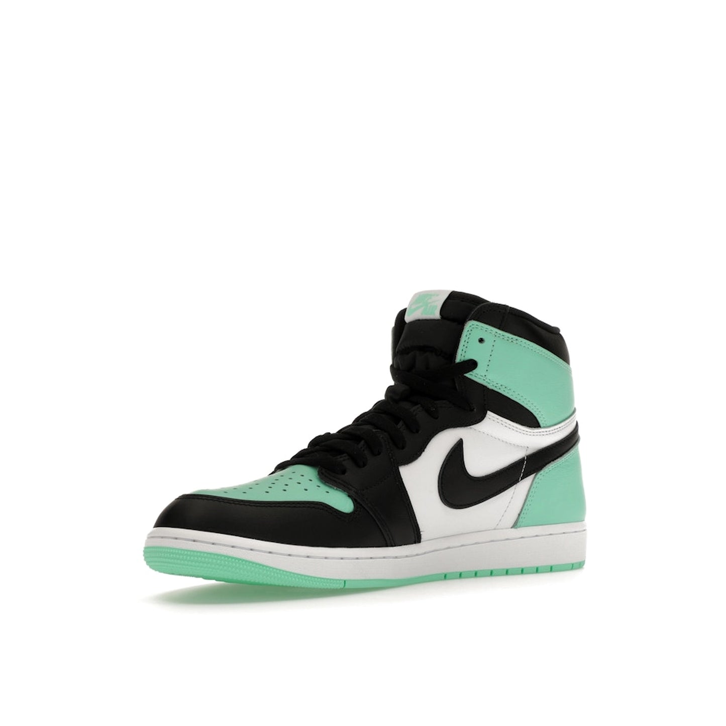 Jordan 1 Retro High OG Green Glow sneakers, front view, model DZ5485-130, in white with green glow accents.