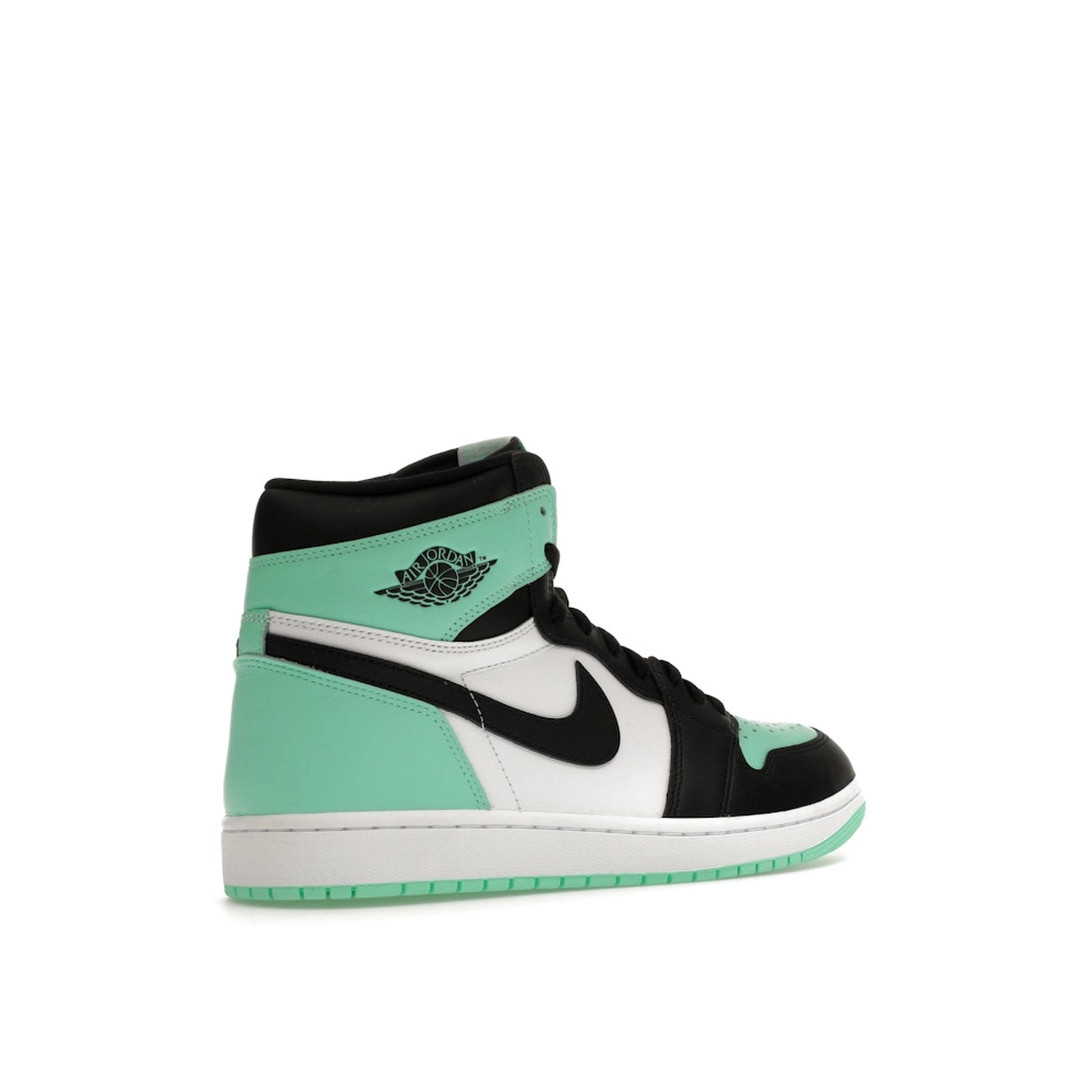 Jordan 1 Retro High OG Green Glow sneakers, back view, model DZ5485-130, in white with green glow accents.