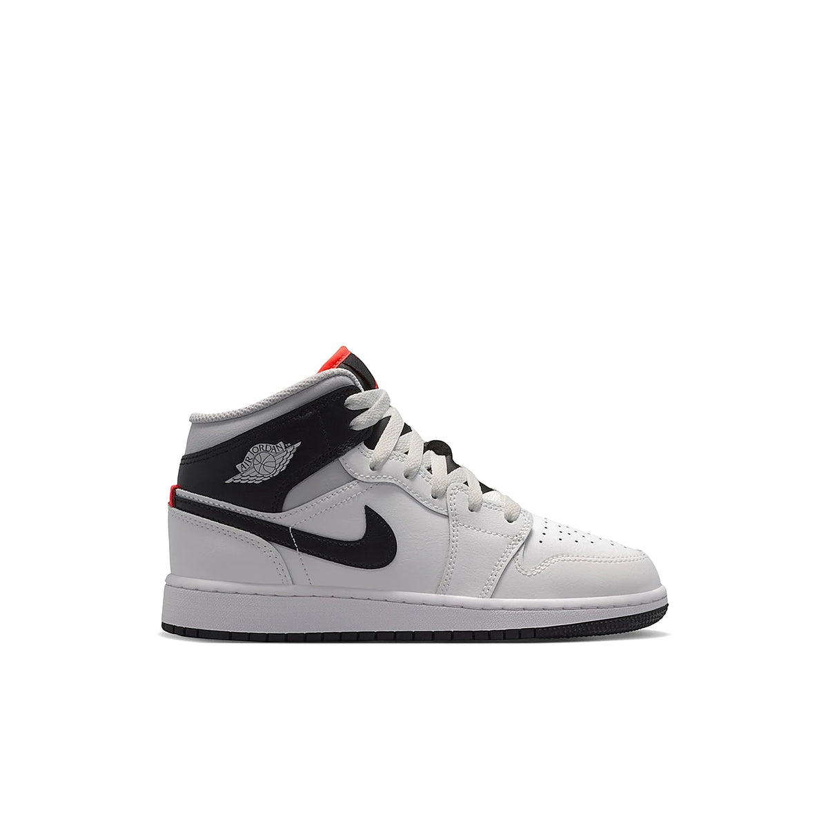 Jordan 1 Mid Summit White Infrared Black kids sneaker in white, infrared, grey and black