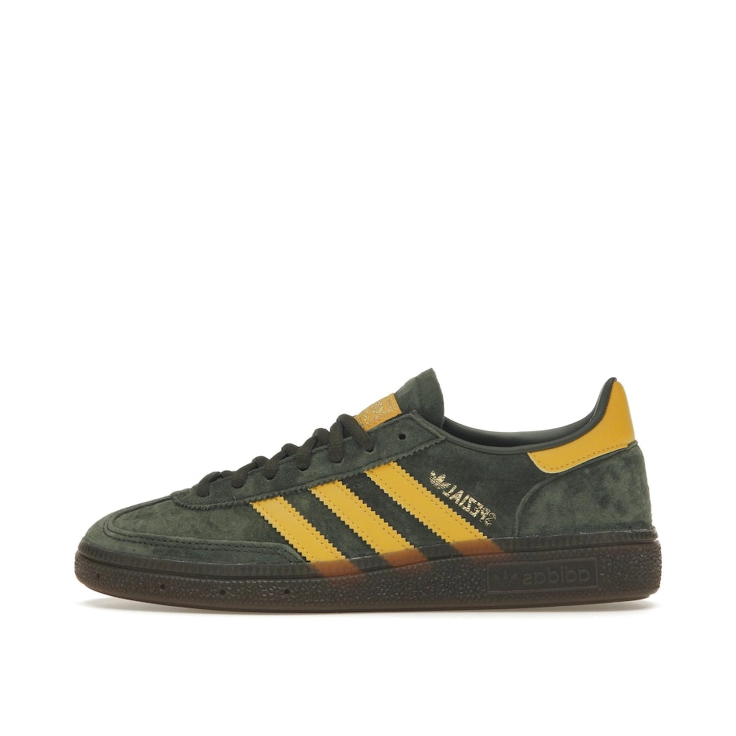 adidas Handball Spezial sneakers, side view, model EF5748 in night cargo with yellow accents.