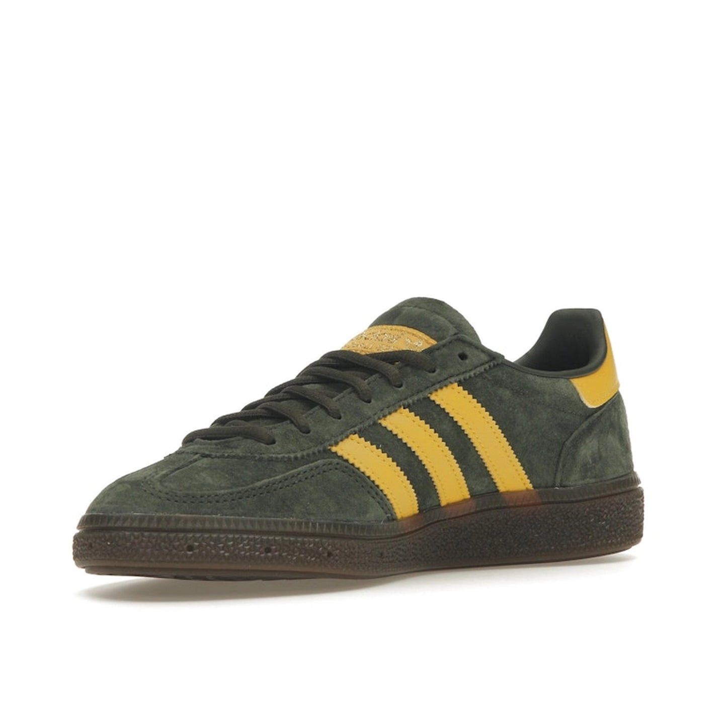 adidas Handball Spezial sneakers, front view, model EF5748 in night cargo with yellow accents.