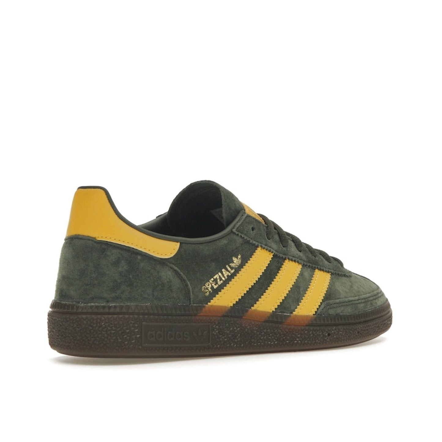 adidas Handball Spezial sneakers, back view, model EF5748 in night cargo with yellow accents.